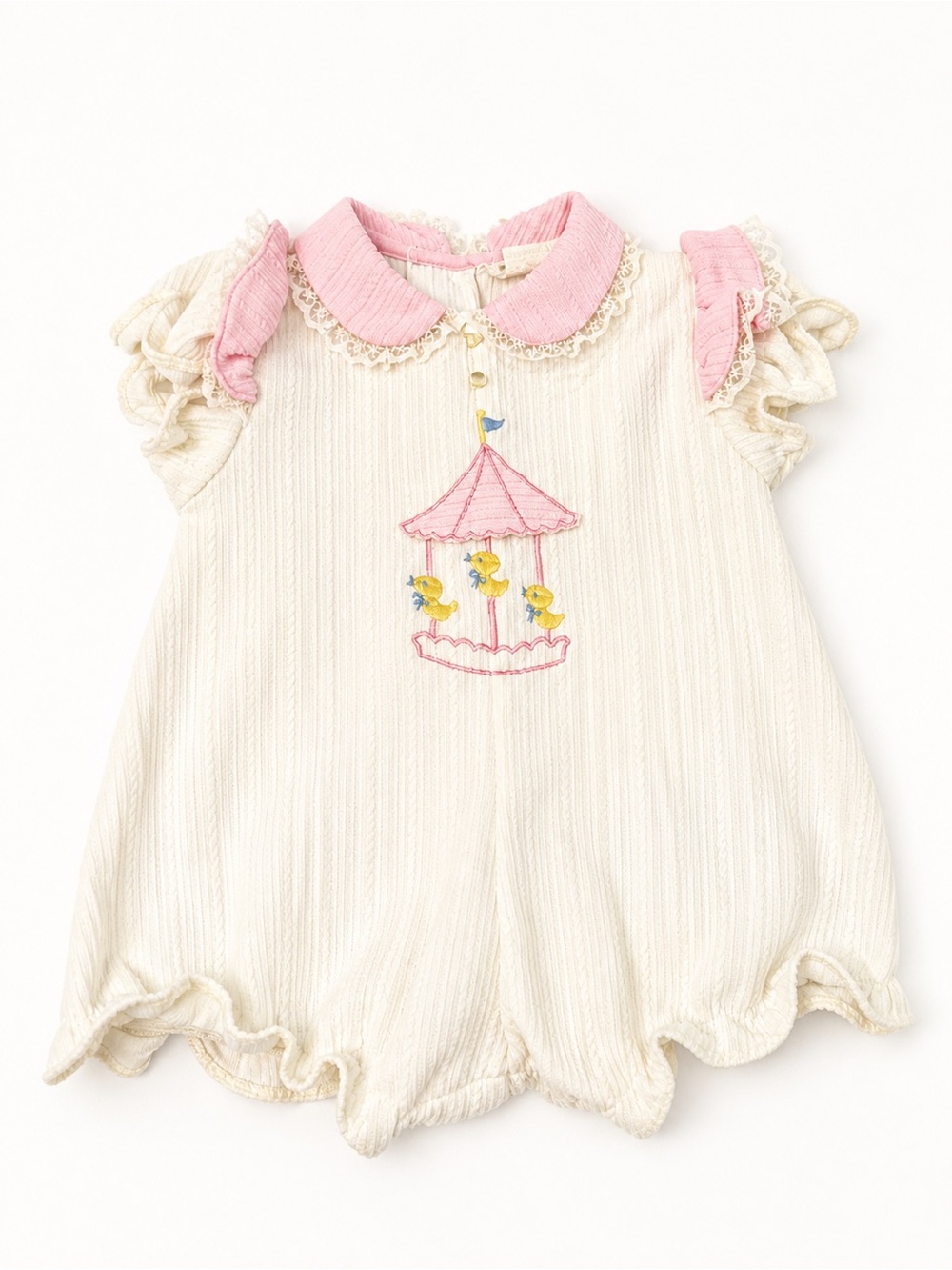 Cream and Pink Baby Romper with Carousel Embroidery